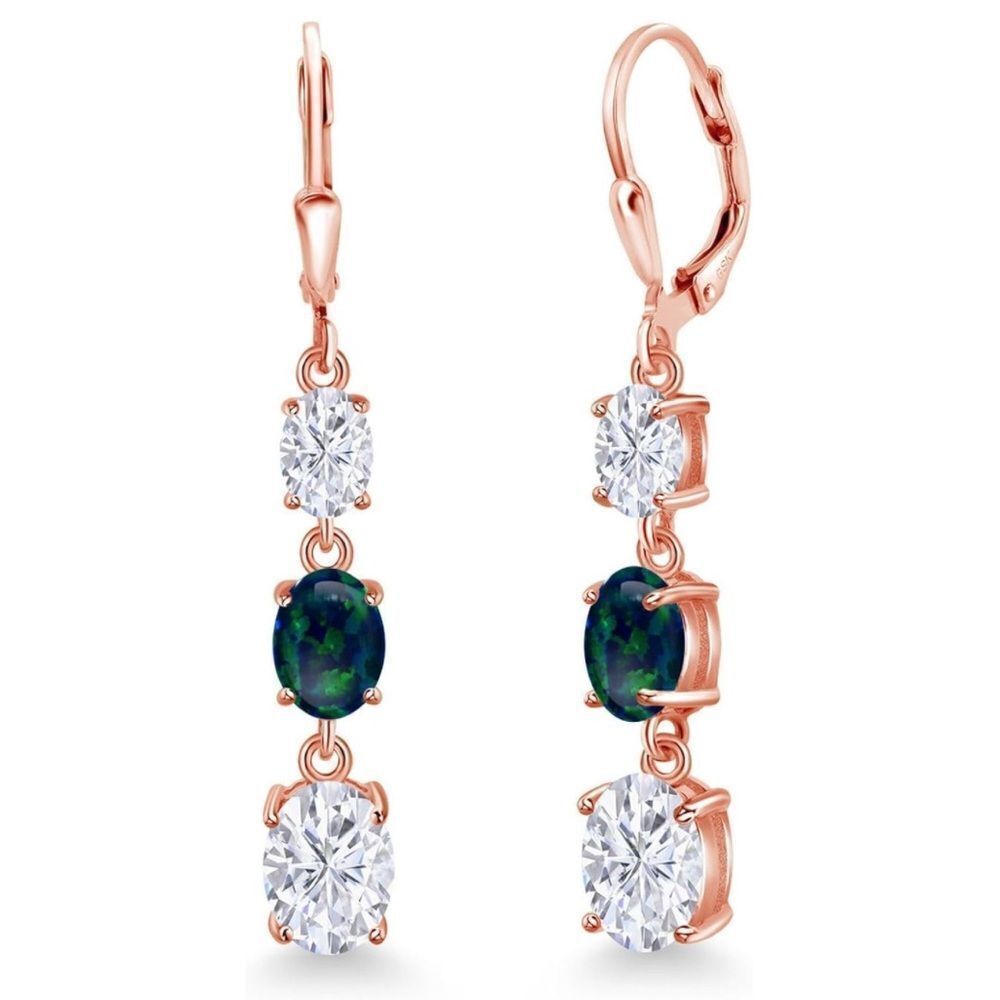 18K Rose Gold with 5.26 Cttw 3 Stone White Moissanite and Green Opal Earrings
